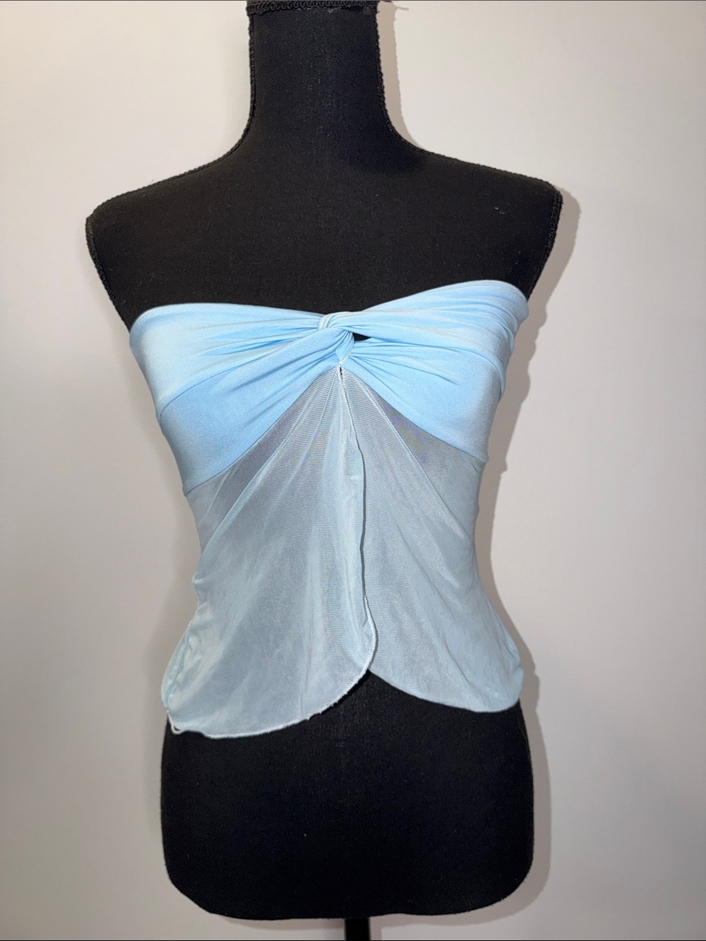 Light Blue Sheer Body Strapless Twist Front Top